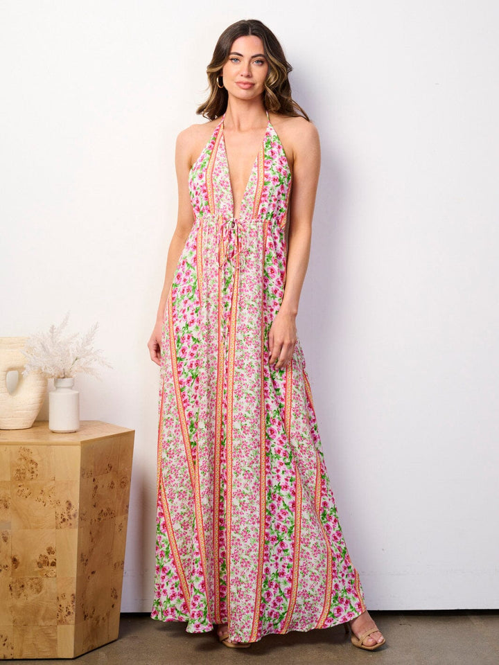 WOMEN'S SLEEVELESS BACKLESS V-NECK FLORAL MAXI DRESS