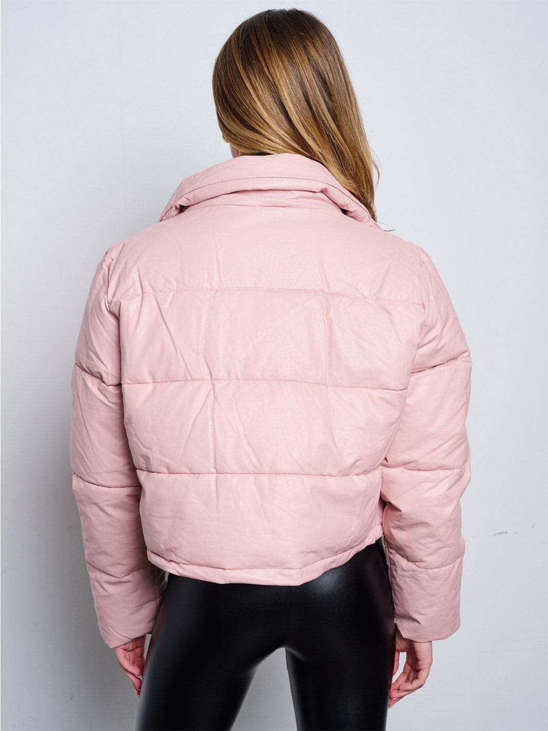 WOMEN'S LONG SLEEVE BUTTON CLOSURE POCKETS PU PLEATHER CROP JACKET