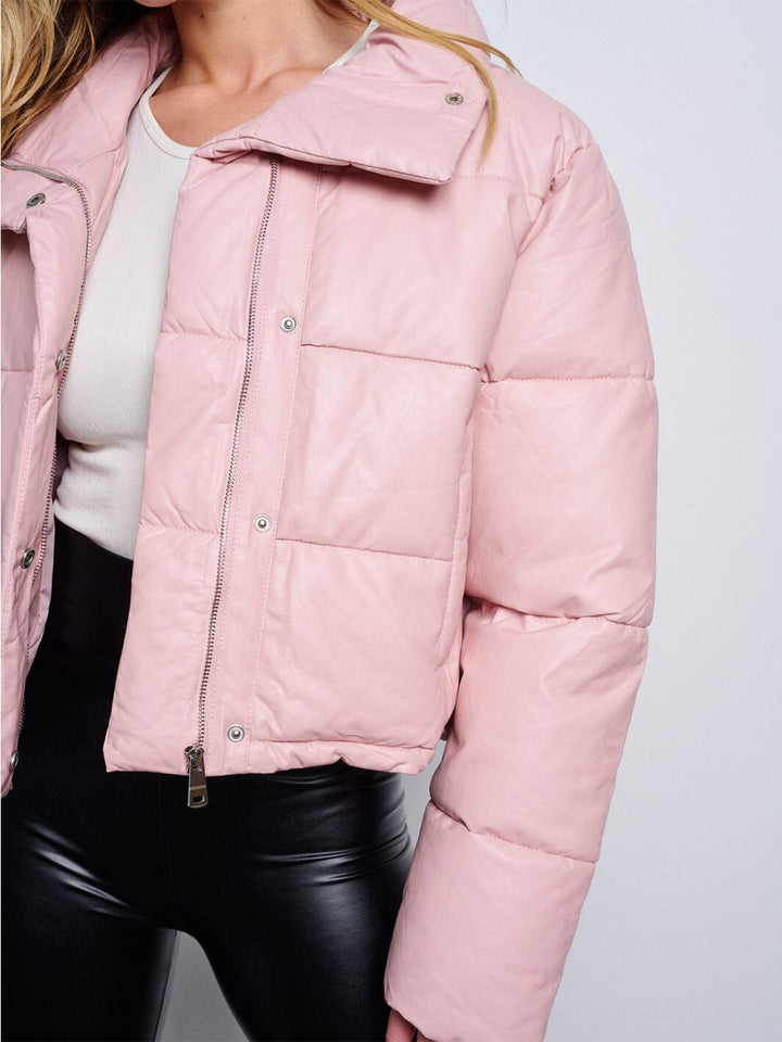 WOMEN'S LONG SLEEVE BUTTON CLOSURE POCKETS PU PLEATHER CROP JACKET