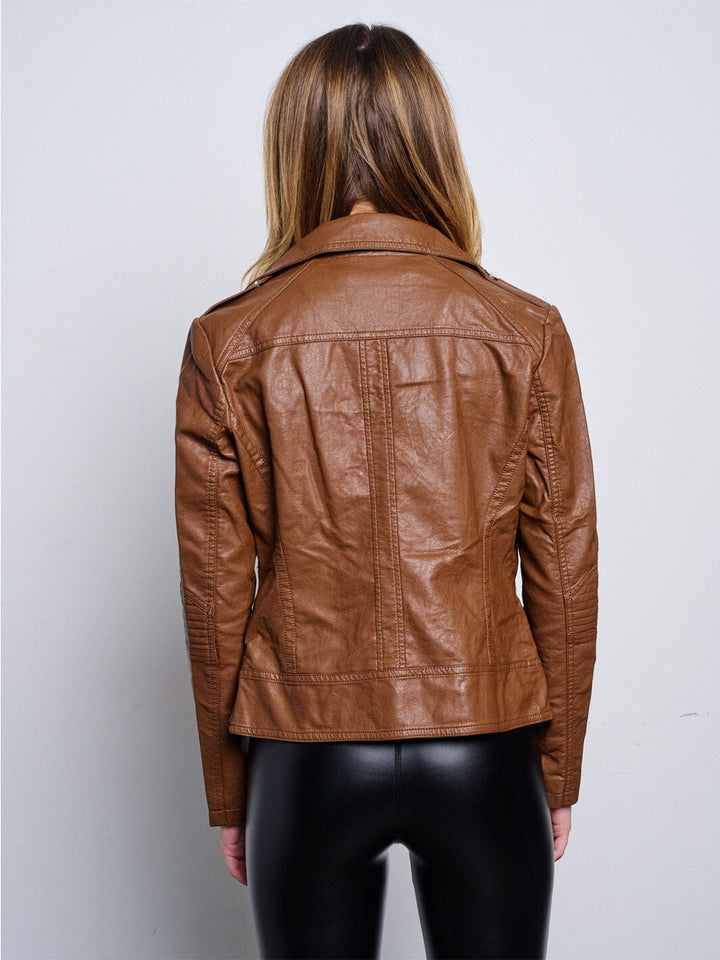 WOMEN'S LONG SLEEVE POCKETS ZIP UP PU PLEATHER JACKET