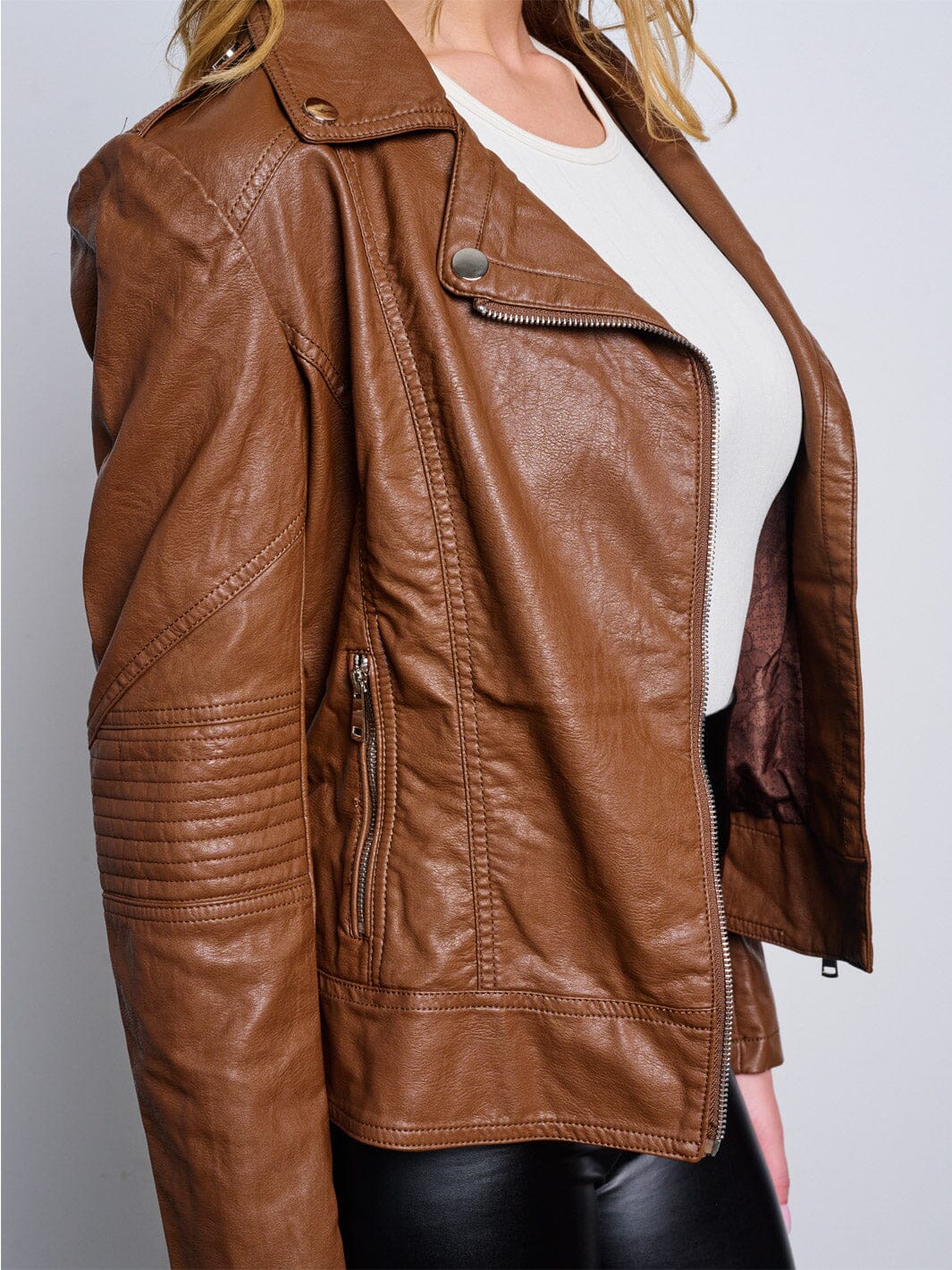 WOMEN'S LONG SLEEVE POCKETS ZIP UP PU PLEATHER JACKET