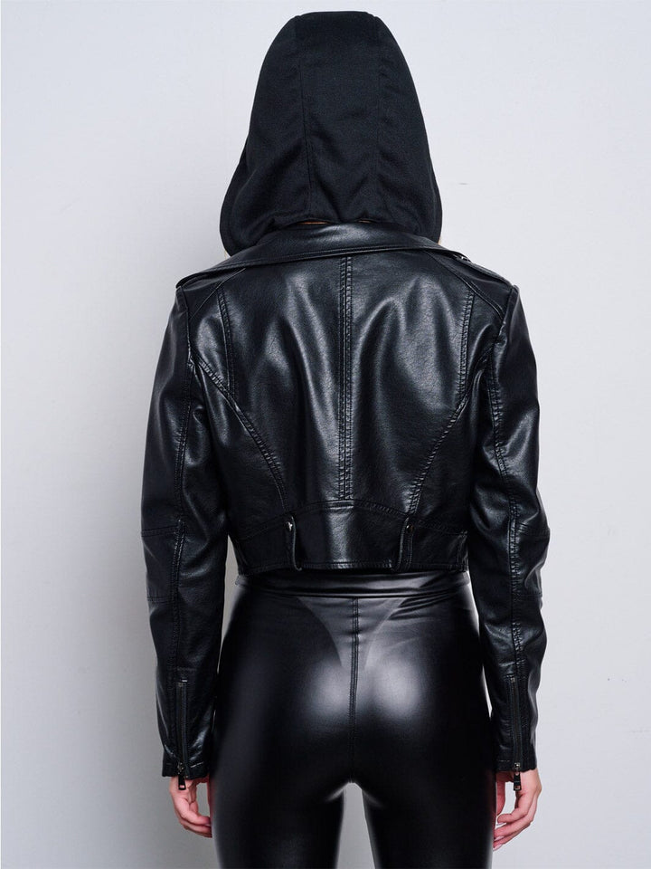 WOMEN'S LONG SLEEVE ZIP UP REMOVABLE HOODIE PU PLEATHER CROP JACKET