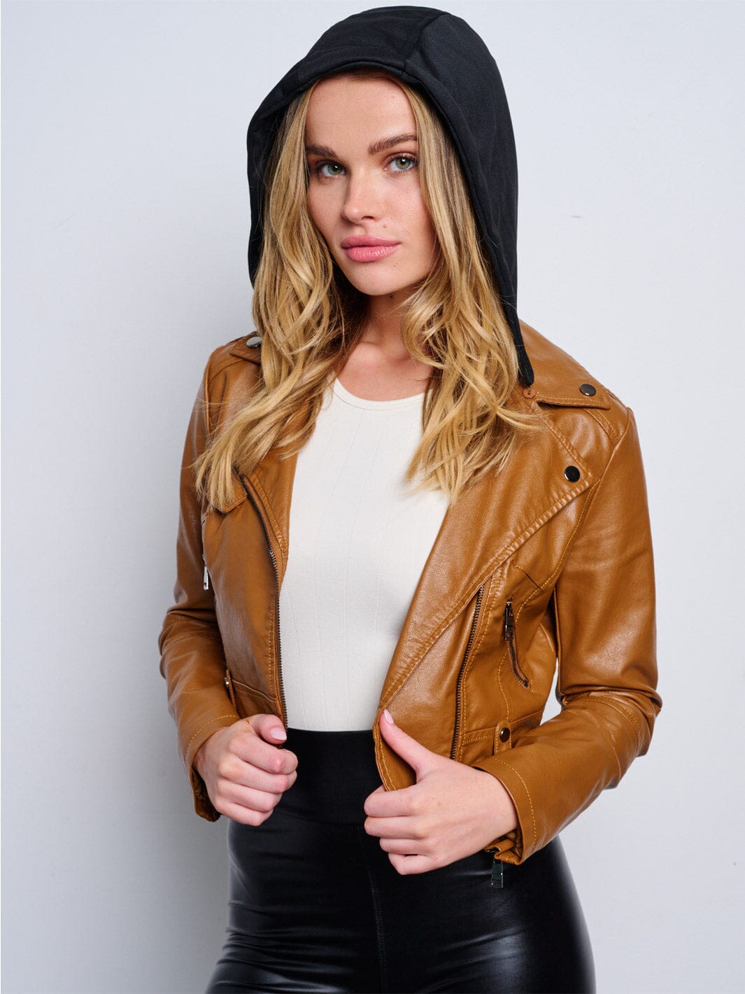 WOMEN'S LONG SLEEVE ZIP UP REMOVABLE HOODIE PU PLEATHER CROP JACKET