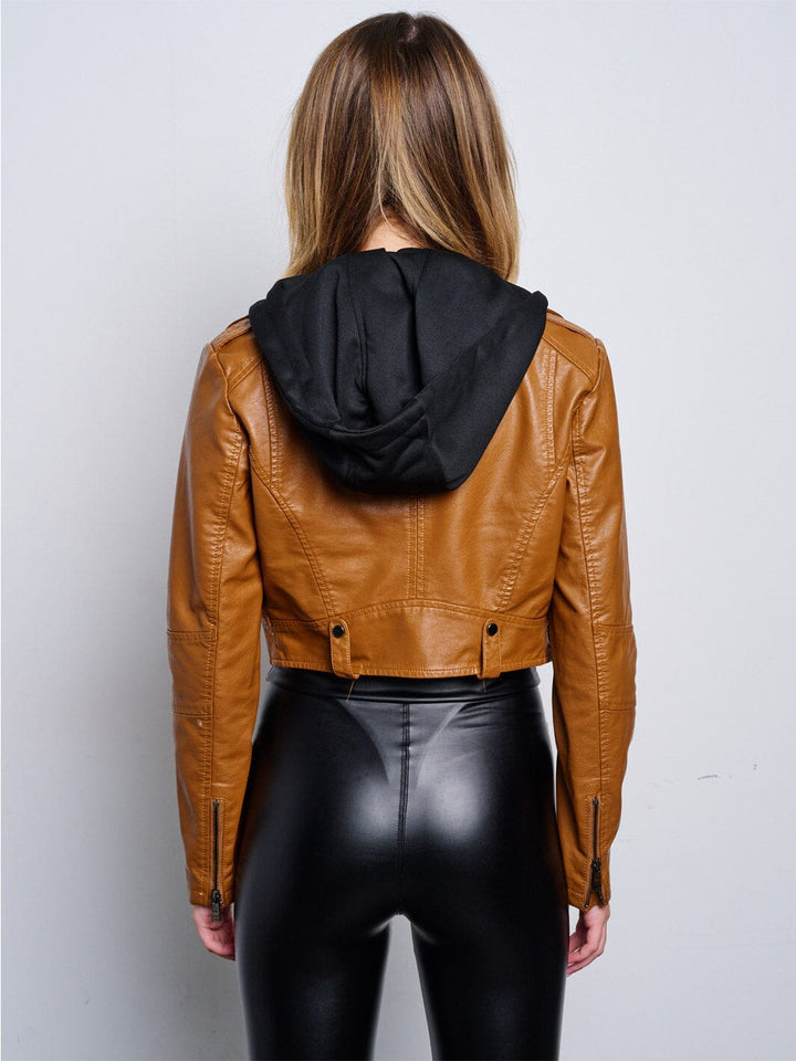 WOMEN'S LONG SLEEVE ZIP UP REMOVABLE HOODIE PU PLEATHER CROP JACKET