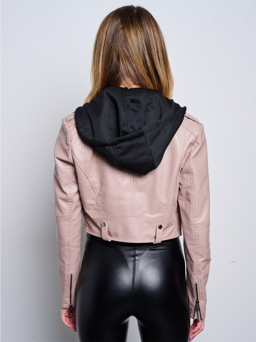 WOMEN'S LONG SLEEVE ZIP UP REMOVABLE HOODIE PU PLEATHER CROP JACKET