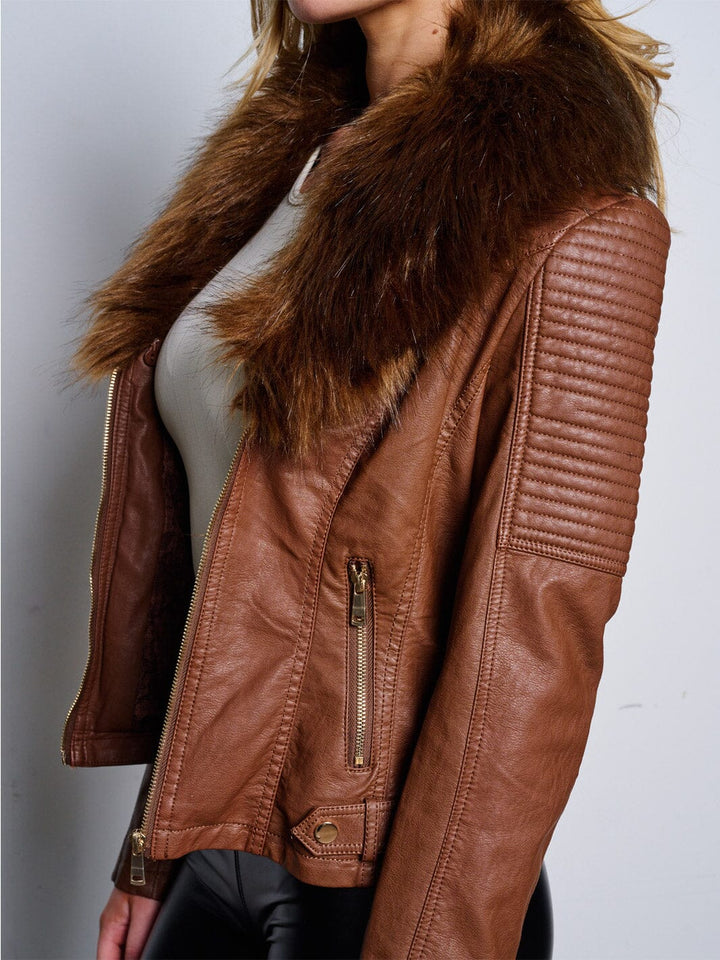 WOMEN'S LONG SLEEVE ZIP UP REMOVABLE SHERPA COLLAR PU PLEATHER JACKET