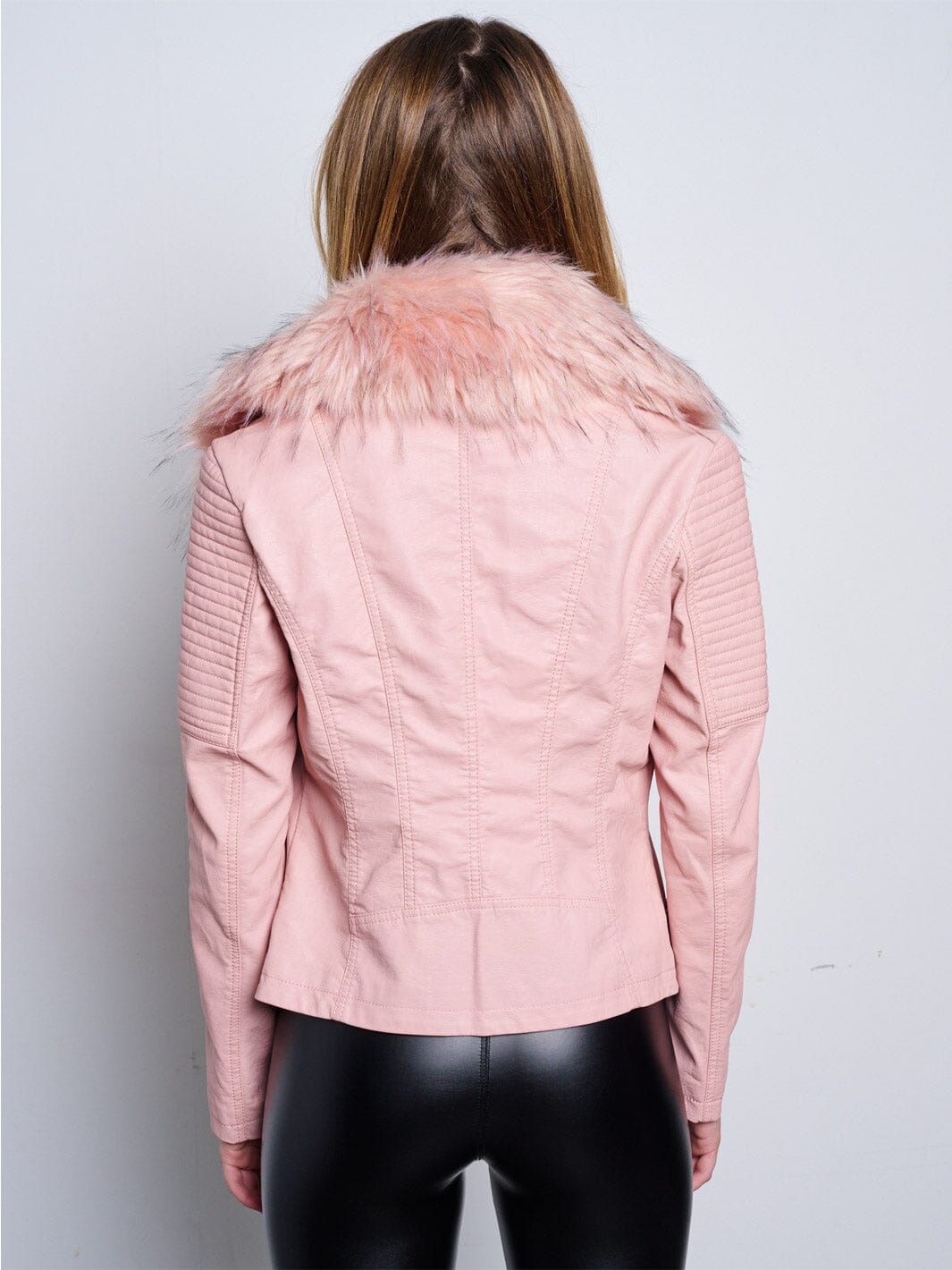 WOMEN'S LONG SLEEVE ZIP UP REMOVABLE SHERPA COLLAR PU PLEATHER JACKET