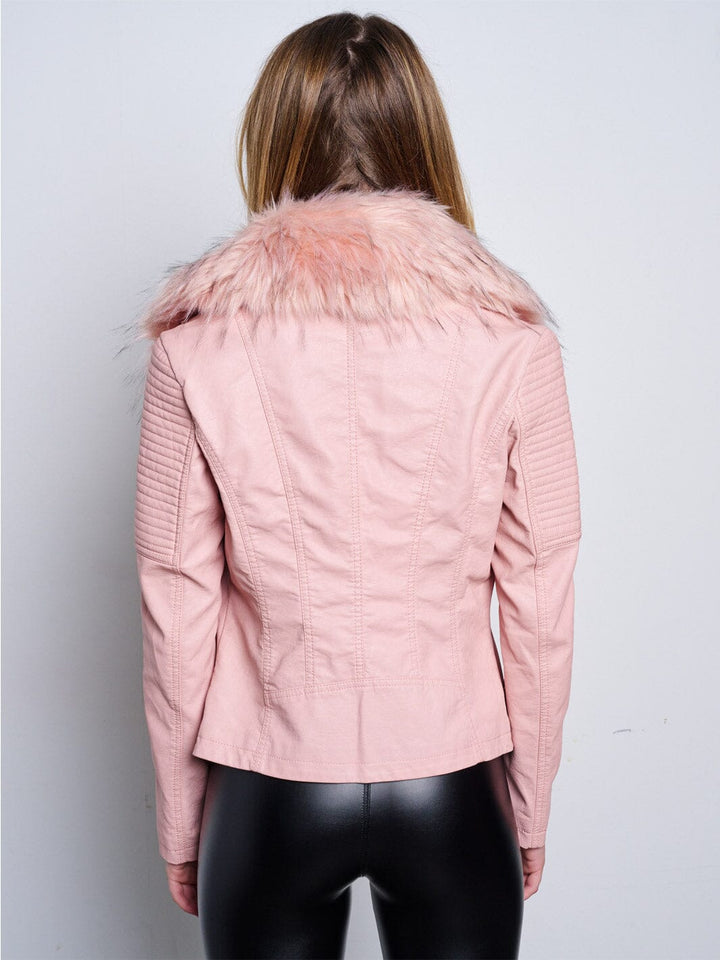 WOMEN'S LONG SLEEVE ZIP UP REMOVABLE SHERPA COLLAR PU PLEATHER JACKET