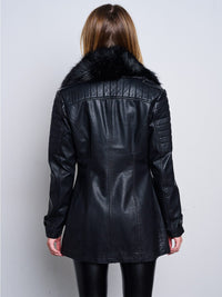 WOMEN'S LONG SLEEVE ZIP UP REMOVABLE SHERPA COLLAR PU PLEATHER JACKET