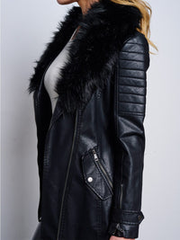 WOMEN'S LONG SLEEVE ZIP UP REMOVABLE SHERPA COLLAR PU PLEATHER JACKET