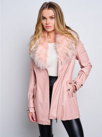 WOMEN'S LONG SLEEVE ZIP UP REMOVABLE SHERPA COLLAR PU PLEATHER JACKET