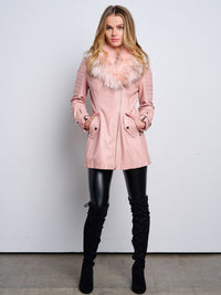 WOMEN'S LONG SLEEVE ZIP UP REMOVABLE SHERPA COLLAR PU PLEATHER JACKET