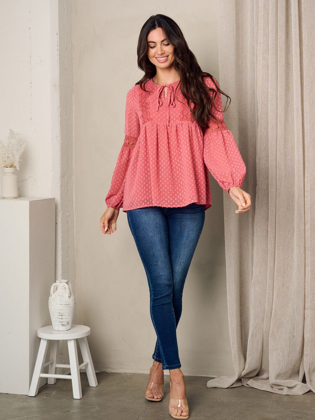 WOMEN'S LONG SLEEVE SWISS DOT TUNIC TOP