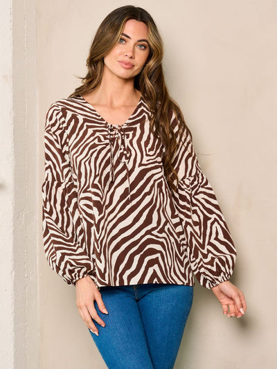 WOMEN'S LONG PUFF SLEEVE V-NECK PRINTED BLOUSE TOP