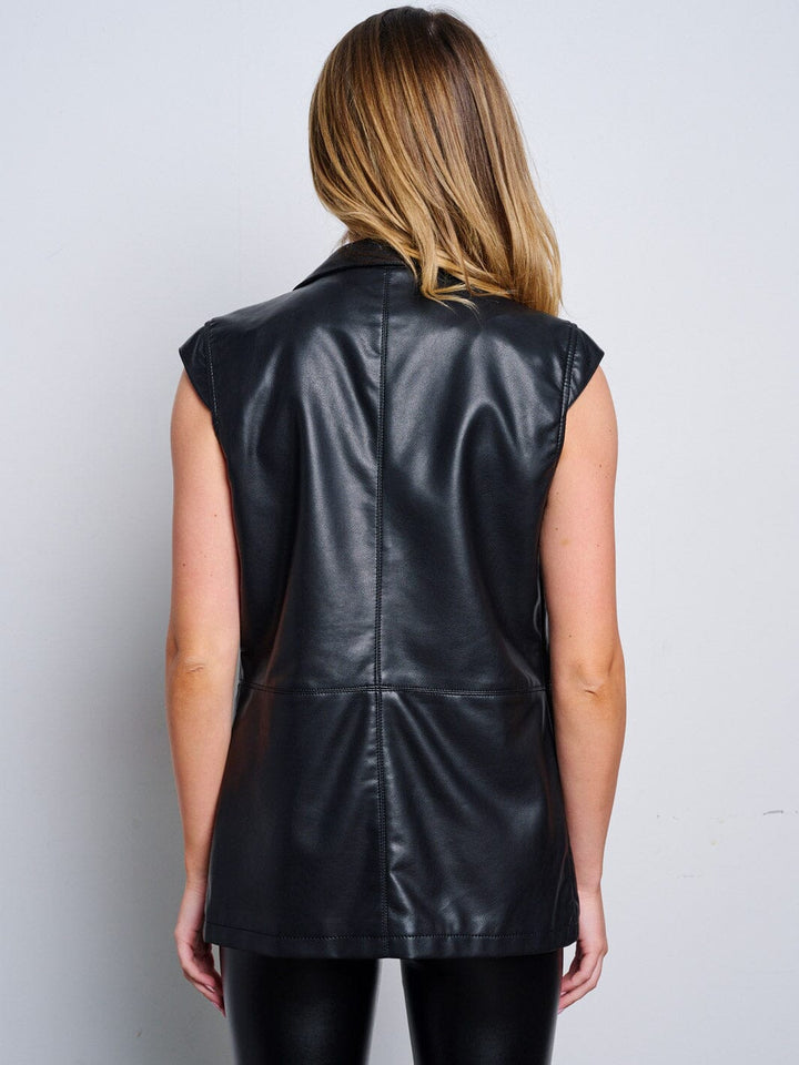 WOMEN'S SLEEVELESS BUTTON CLOSURE POCKETS PU PLEATHER VEST