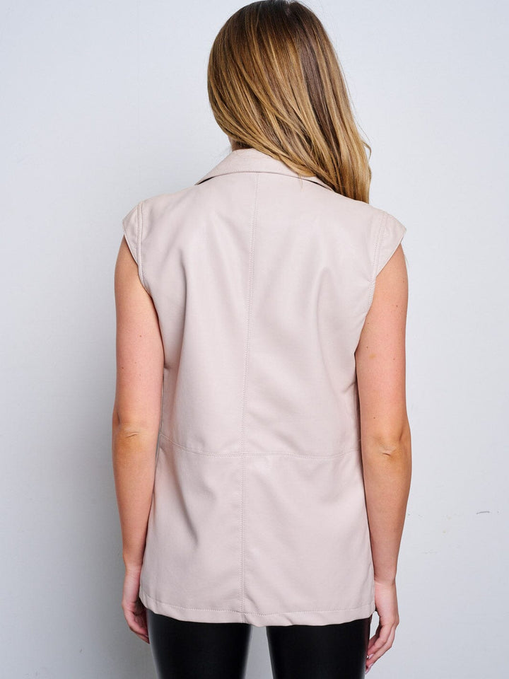 WOMEN'S SLEEVELESS BUTTON CLOSURE POCKETS PU PLEATHER VEST