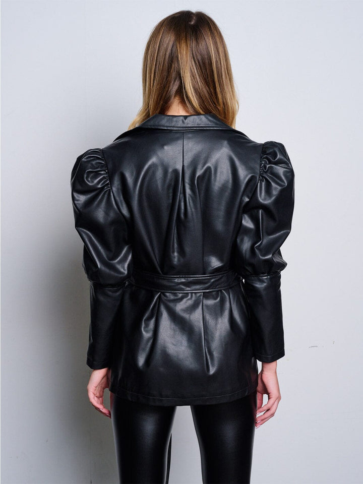 WOMEN'S LONG PUFF SLEEVE BUTTON CLOSURE PU PLEATHER JACKET
