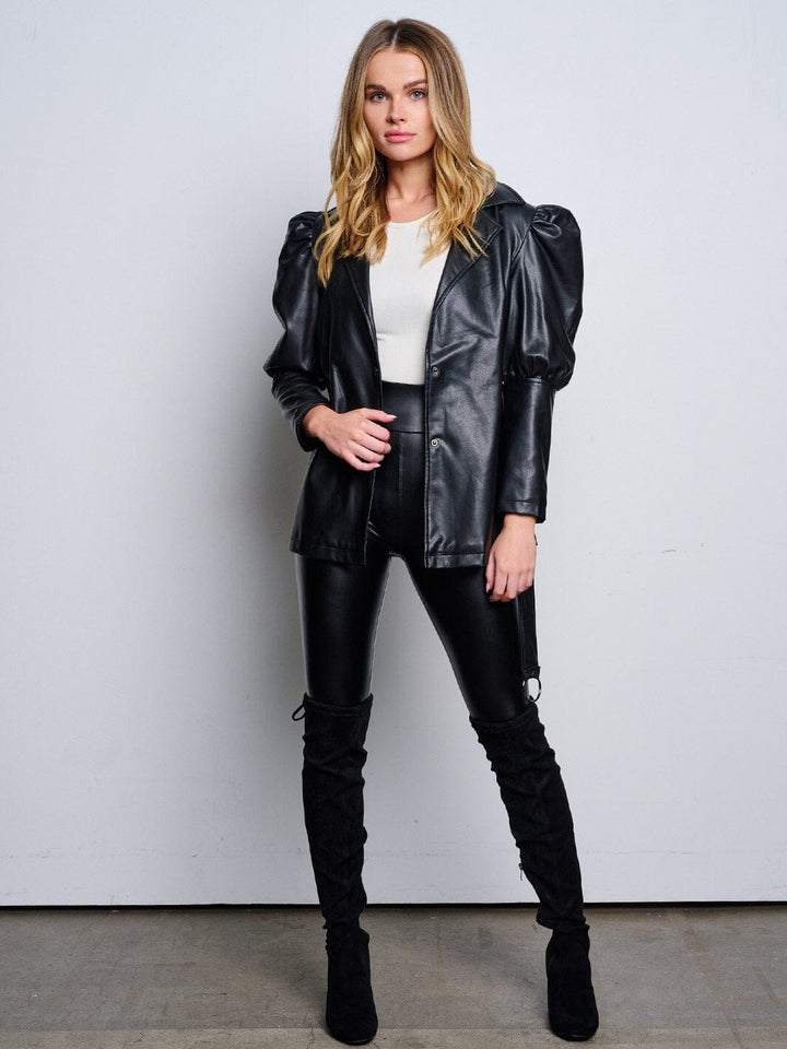 WOMEN'S LONG PUFF SLEEVE BUTTON CLOSURE PU PLEATHER JACKET
