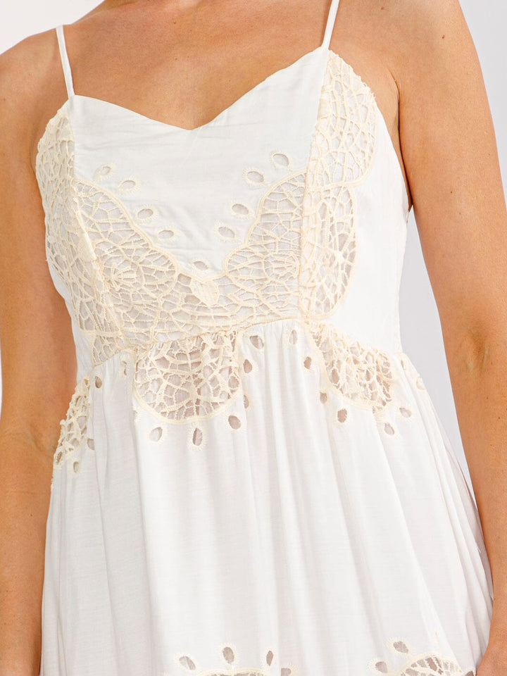 WOMEN'S SLEEVELESS SMOCK TIERED CROCHET MAXI DRESS