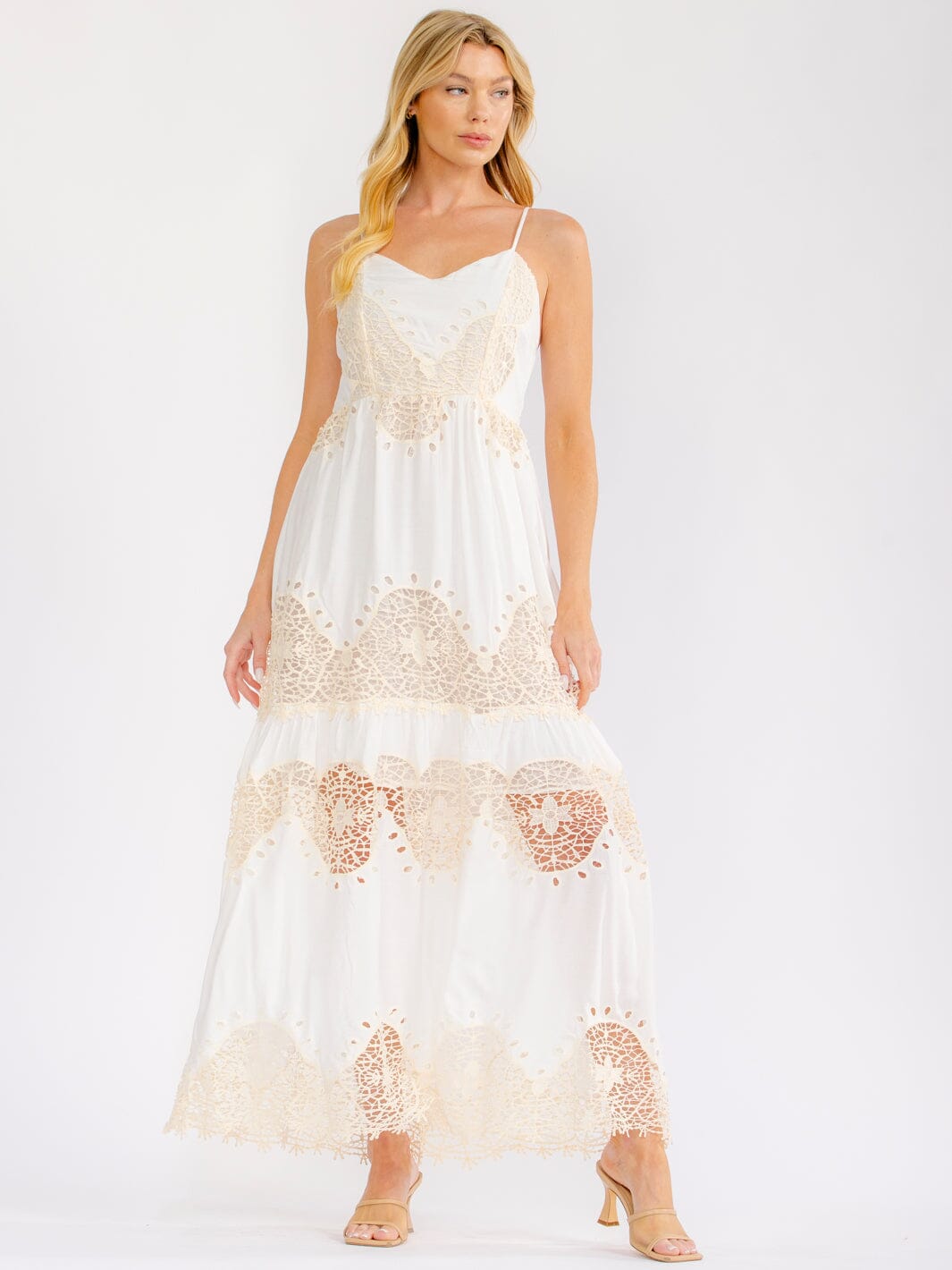 WOMEN'S SLEEVELESS SMOCK TIERED CROCHET MAXI DRESS