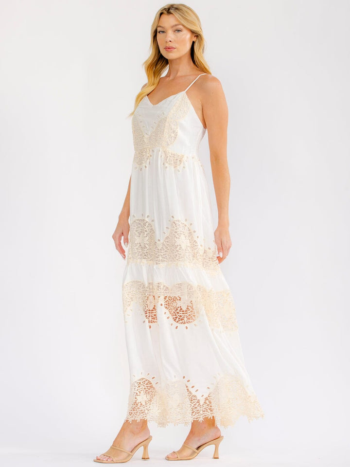 WOMEN'S SLEEVELESS SMOCK TIERED CROCHET MAXI DRESS