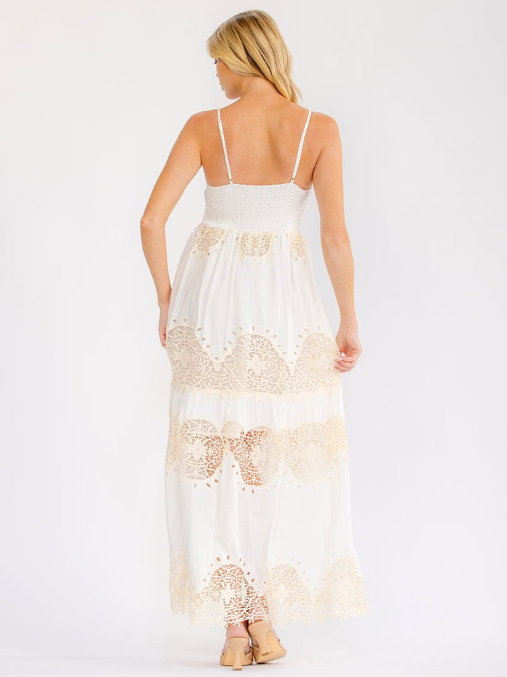 WOMEN'S SLEEVELESS SMOCK TIERED CROCHET MAXI DRESS