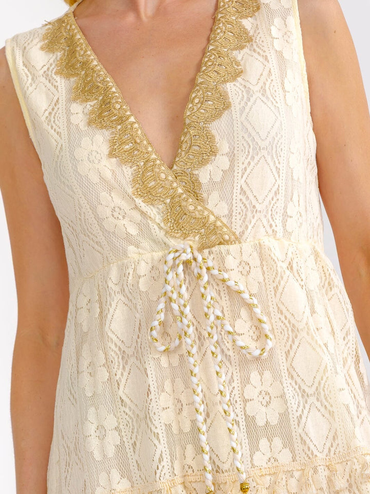 WOMEN'S SLEEVELESS SURPLICE TIERED SHIMMER LACE CROCHET MAXI DRESS