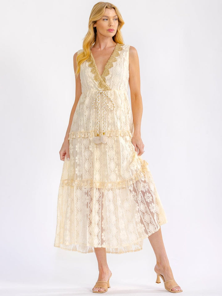 WOMEN'S SLEEVELESS SURPLICE TIERED SHIMMER LACE CROCHET MAXI DRESS