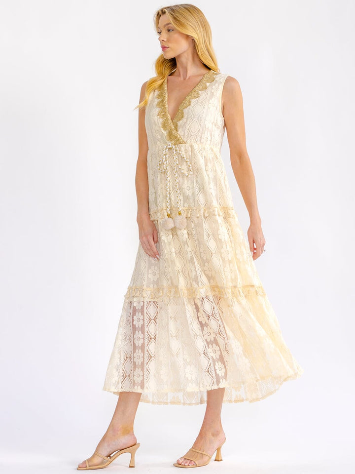WOMEN'S SLEEVELESS SURPLICE TIERED SHIMMER LACE CROCHET MAXI DRESS