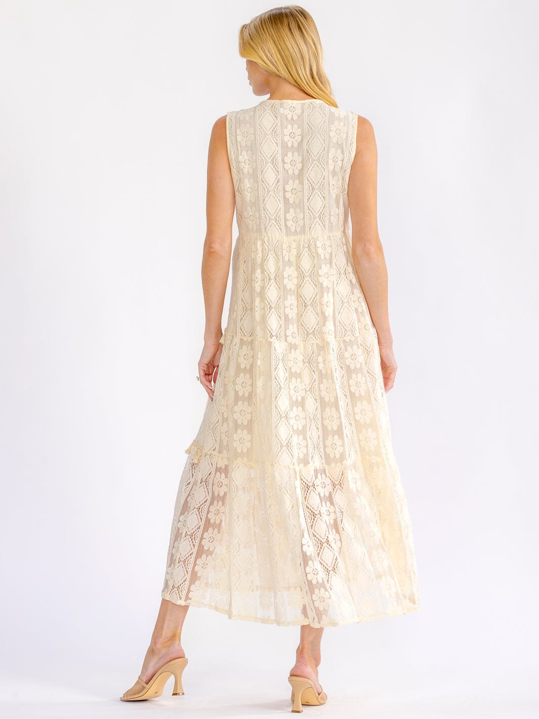 WOMEN'S SLEEVELESS SURPLICE TIERED SHIMMER LACE CROCHET MAXI DRESS