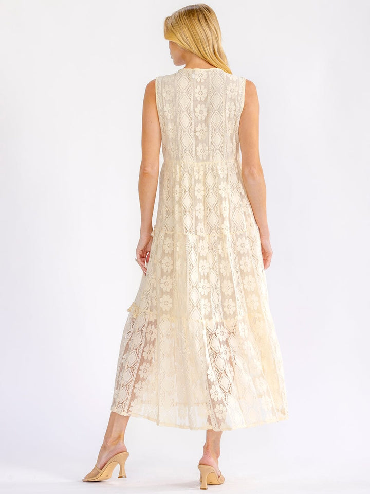 WOMEN'S SLEEVELESS SURPLICE TIERED SHIMMER LACE CROCHET MAXI DRESS
