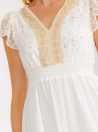 WOMEN'S SHORT SLEEVE V-NECK OPEN BACK TIERED CROCHET LACE MAXI DRESS