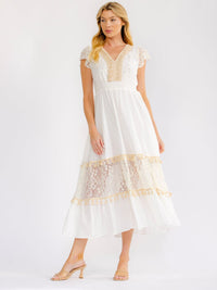 WOMEN'S SHORT SLEEVE V-NECK OPEN BACK TIERED CROCHET LACE MAXI DRESS