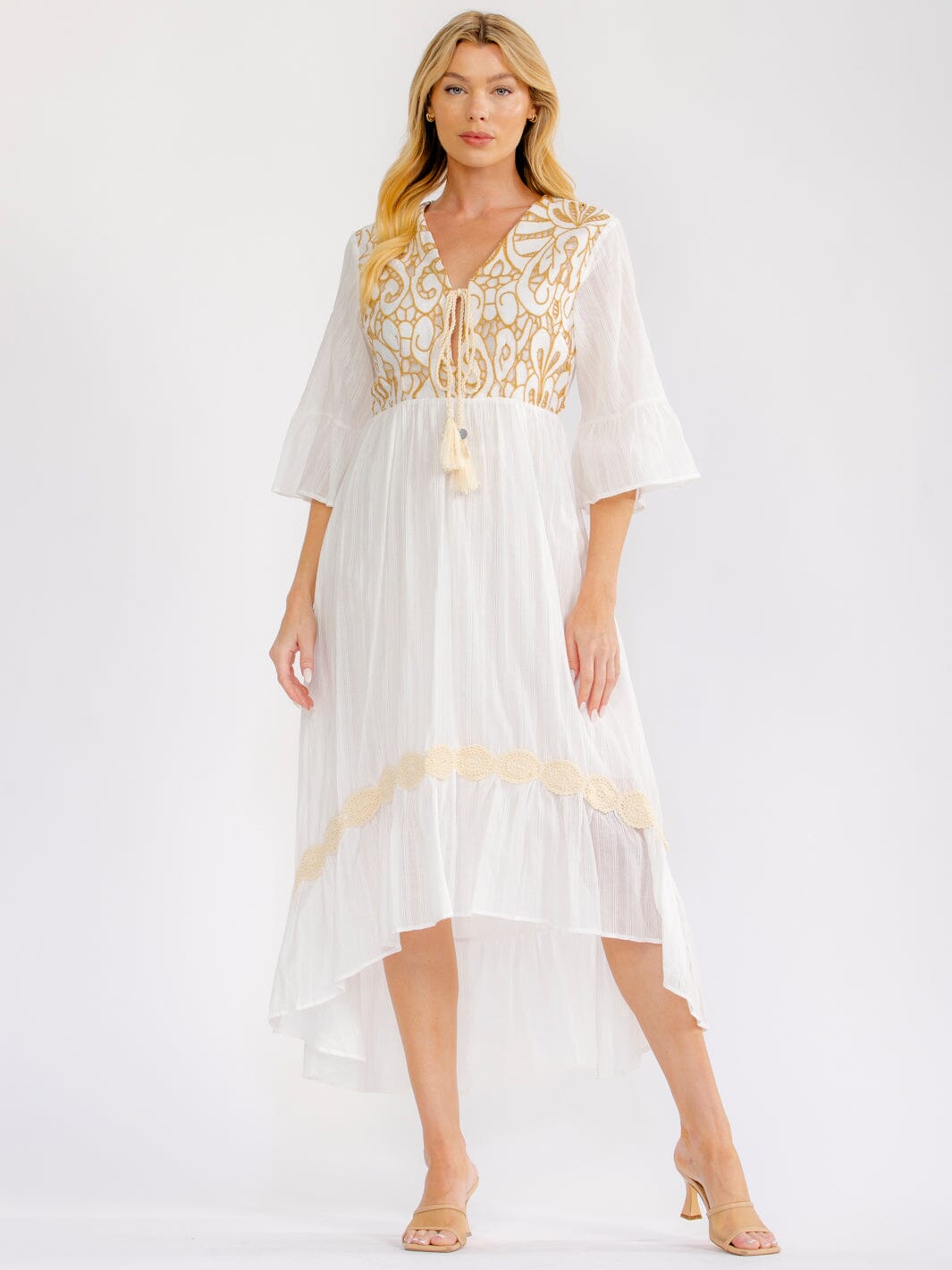 WOMEN'S SHORT SLEEVE V-NECK HIGH-LOW CROCHET MAXI DRESS