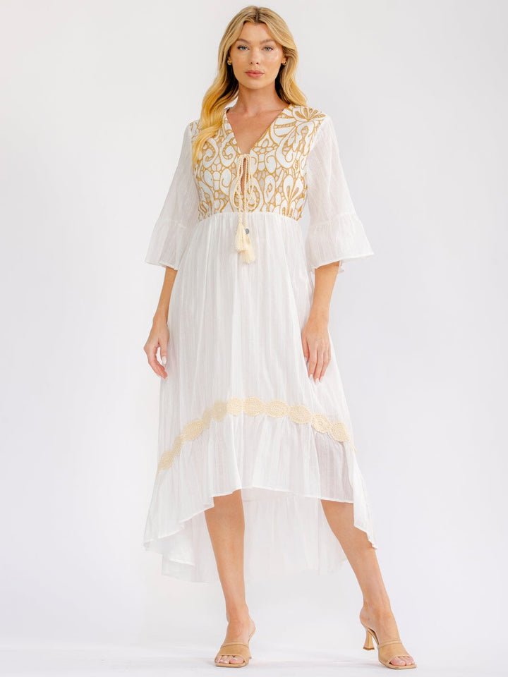 WOMEN'S SHORT SLEEVE V-NECK HIGH-LOW CROCHET MAXI DRESS