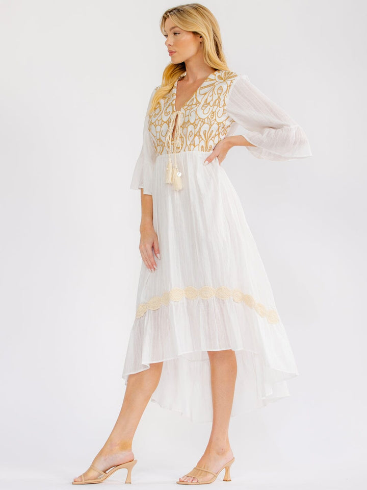 WOMEN'S SHORT SLEEVE V-NECK HIGH-LOW CROCHET MAXI DRESS