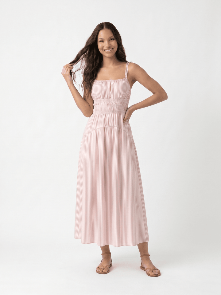 WOMEN'S SLEEVELESS SQUARE NECK SMOCK STRIPES MAXI DRESS