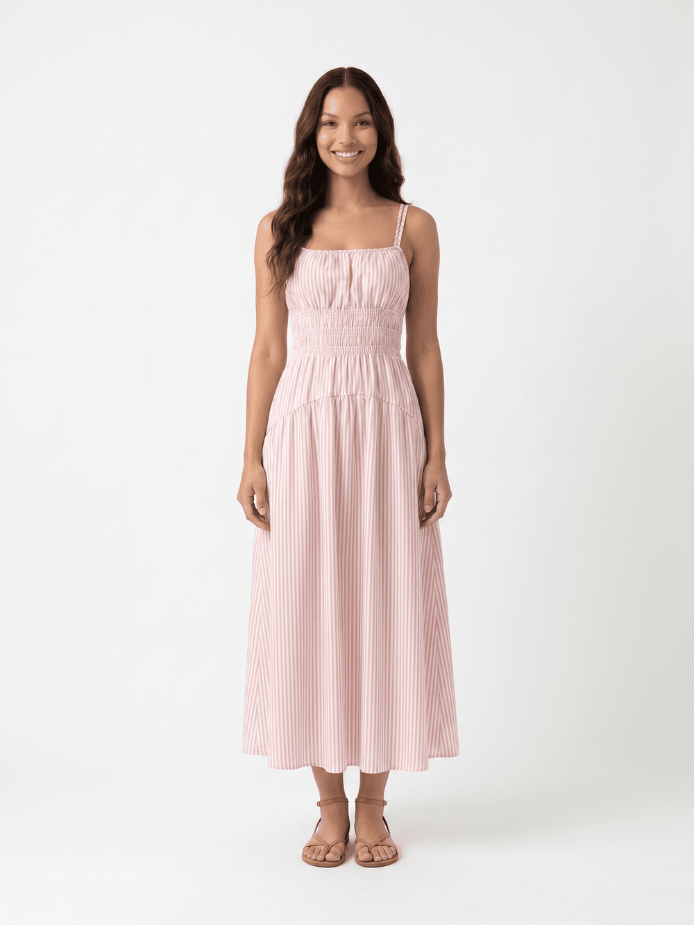 WOMEN'S SLEEVELESS SQUARE NECK SMOCK STRIPES MAXI DRESS