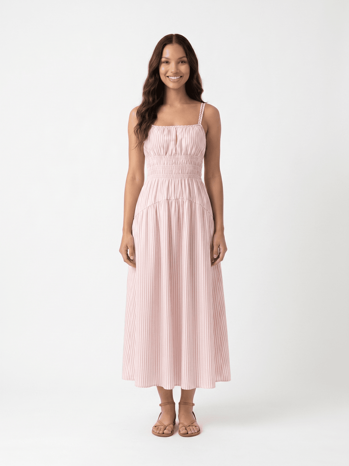 WOMEN'S SLEEVELESS SQUARE NECK SMOCK STRIPES MAXI DRESS