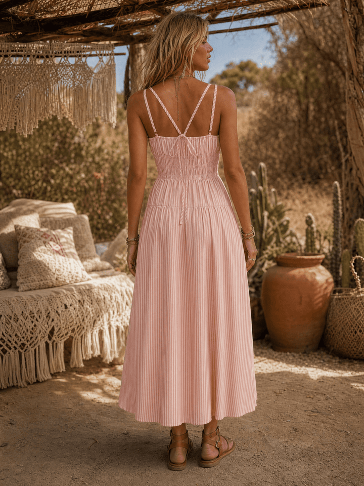 WOMEN'S SLEEVELESS SQUARE NECK SMOCK STRIPES MAXI DRESS