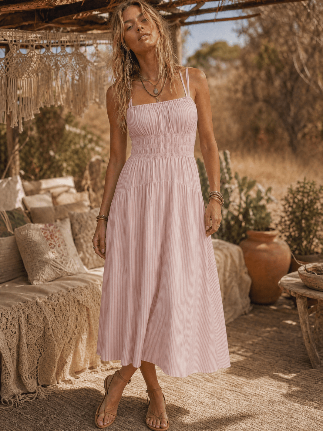 WOMEN'S SLEEVELESS SQUARE NECK SMOCK STRIPES MAXI DRESS