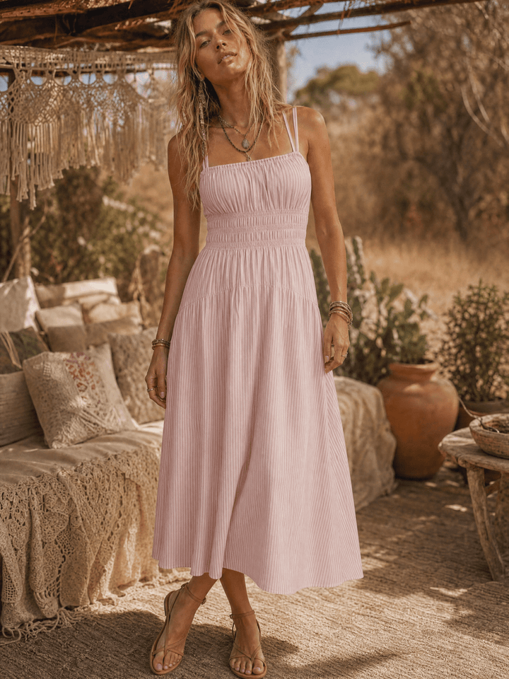 WOMEN'S SLEEVELESS SQUARE NECK SMOCK STRIPES MAXI DRESS