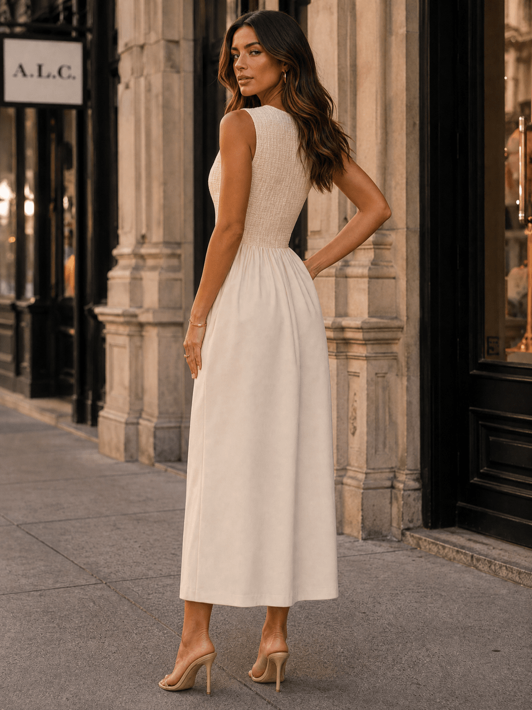 WOMEN'S SLEEVELESS FRONT POCKETS RUCHED FIT & FLARE MAXI DRESS