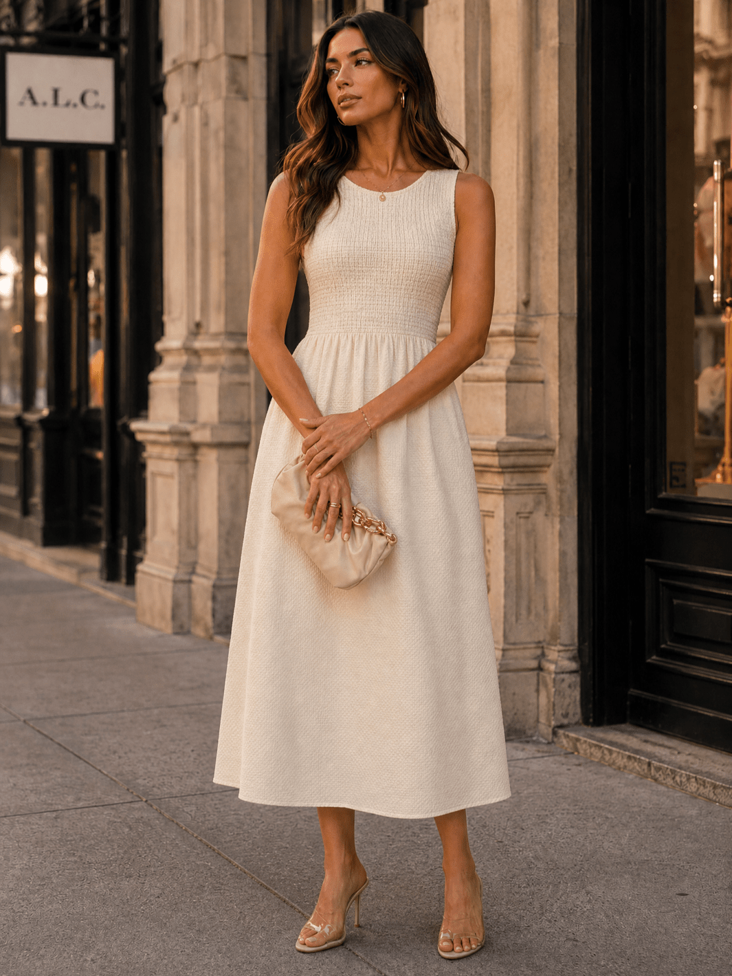 WOMEN'S SLEEVELESS FRONT POCKETS RUCHED FIT & FLARE MAXI DRESS