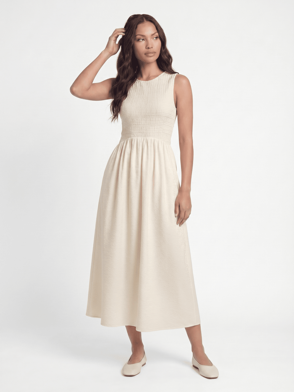 WOMEN'S SLEEVELESS FRONT POCKETS RUCHED FIT & FLARE MAXI DRESS