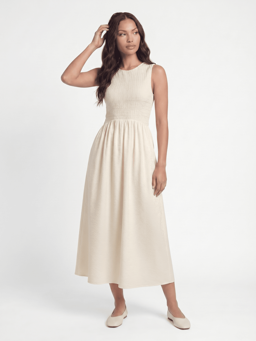 WOMEN'S SLEEVELESS FRONT POCKETS RUCHED FIT & FLARE MAXI DRESS