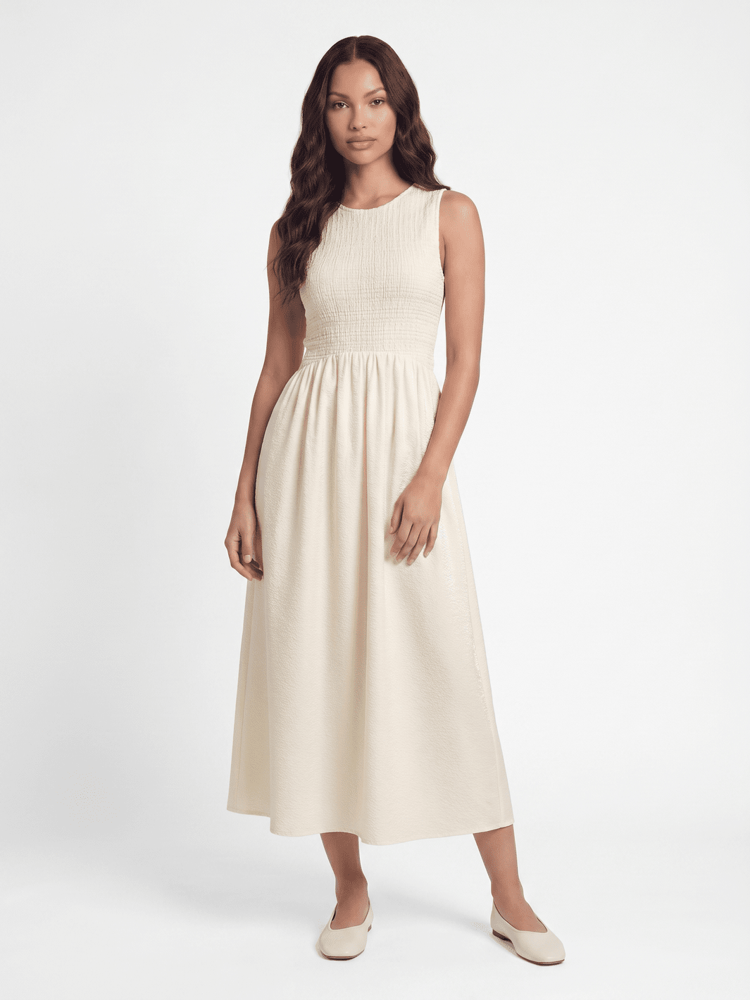 WOMEN'S SLEEVELESS FRONT POCKETS RUCHED FIT & FLARE MAXI DRESS