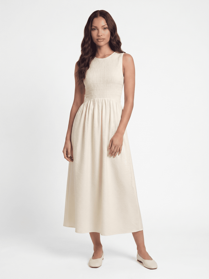 WOMEN'S SLEEVELESS FRONT POCKETS RUCHED FIT & FLARE MAXI DRESS
