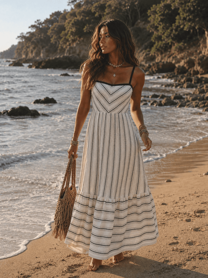 WOMEN'S SLEEVELESS SQUARE NECK COLORBLOCK STRIPES MAXI DRESS