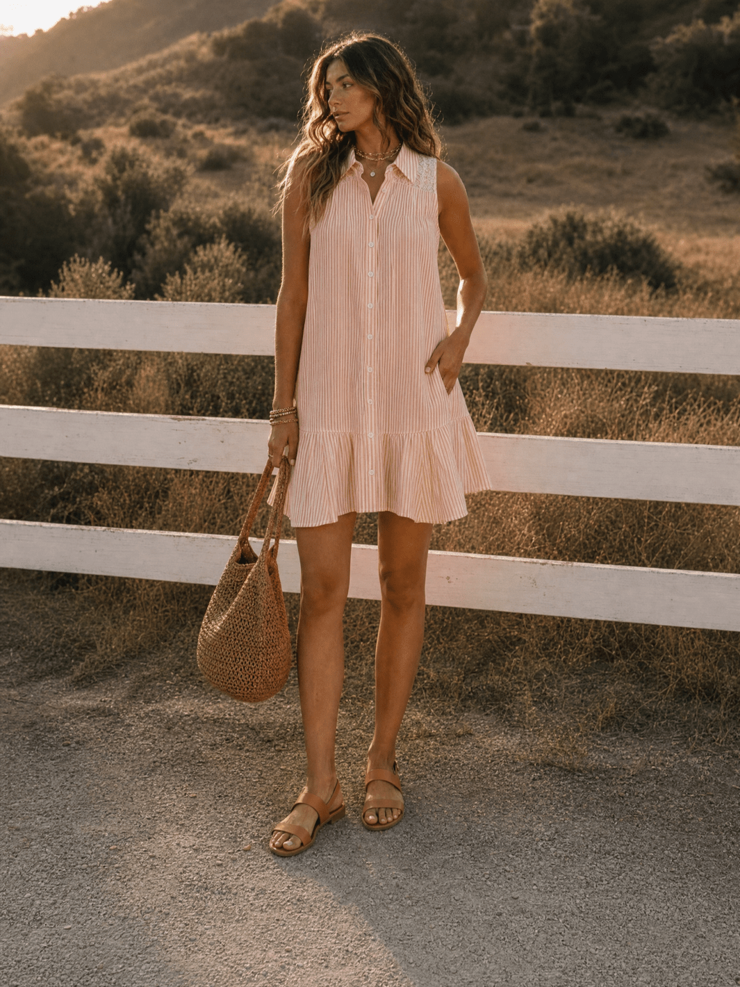 WOMEN'S SLEEVELESS BUTTON UP SMOCK FRONT POCKETS STRIPES MINI DRESS